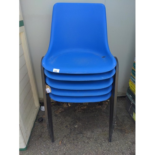 168 - Five blue stackable chairs in plastic and metal legs, W 51 seat height 44cm