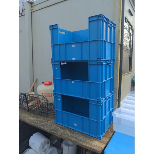 132 - 3 large stacking storage containers. W68cm