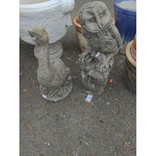 13 - Goose & owl concrete garden ornaments. H55cm