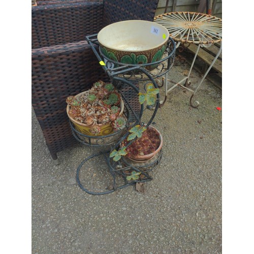 162 - 3 tier metal plant stand with planters & contents