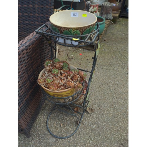 162 - 3 tier metal plant stand with planters & contents