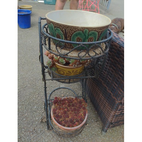 162 - 3 tier metal plant stand with planters & contents