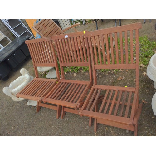 18 - 3x folding teak garden chairs. One slat missing on one chair.