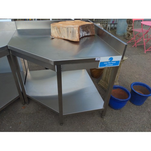 34 - Stainless commercial corner prep table with upstand. W100cm D100cm H88cm (to work top)