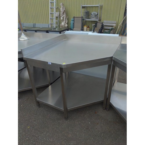 35 - Stainless commercial corner prep table with upstand. W100cm D100cm H88cm (to work top)