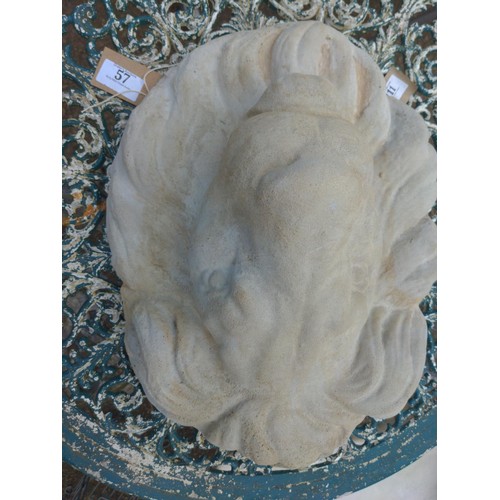 57 - Concrete lion face garden feature. L40cm