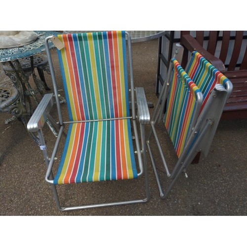 68 - Pair of rainbow striped aluminium framed retro garden chairs