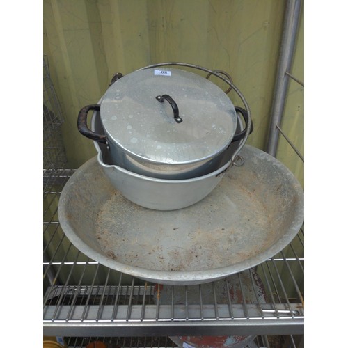 80 - Various preserve cooking pans, small feeder etc