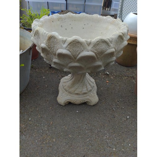 8 - Dahlia Urn-large dahlia petal circular planter on twisted stem base. H49cm D50cm