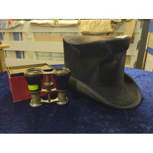 475 - Top hat in poor condition and opera glasses in good condition