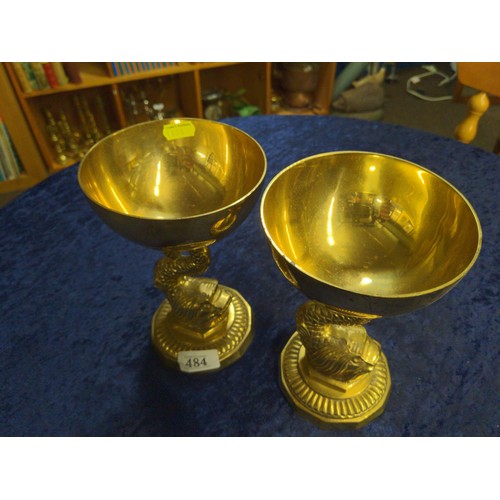 484 - Pair of brass dolphin Form garnitures H19.5cm