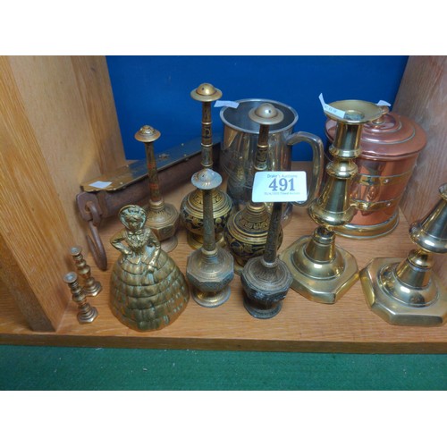 491 - Assorted copper, brass and plated ware inc. Concord tankard, candlesticks etc.