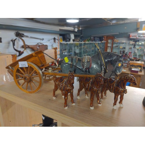 523 - Ceramic shire horse and cart and three other horses