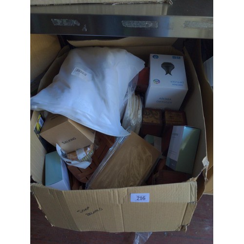 216 - Large box of soap retailers gift items, inc soap dishes, scrubs, journals, oil diffusers etc.