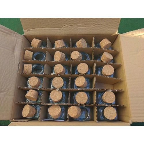 225 - Approx 48 small hexagonal type glass jars with cork lids. H5.5cm