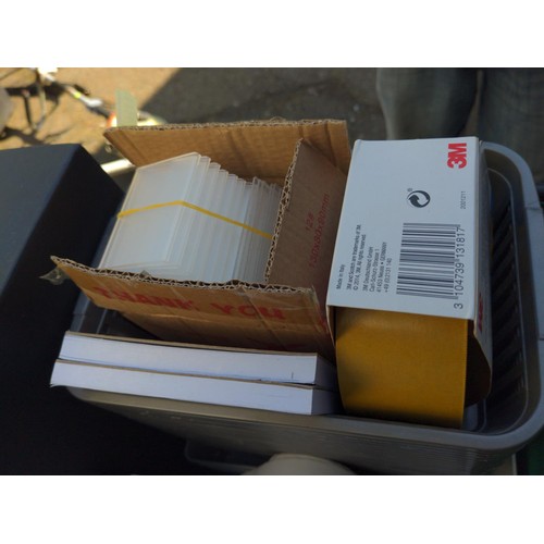 231 - Box of various stationary equipment, labels & label printer. Does not include crates.