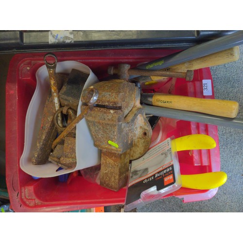 321 - Large box of tools inc. Vice, gardening tools etc. together with box of mixed fixings, nails etc.