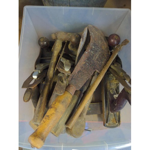 338 - Box & bucket of hand tools. Inc. Bailey & Record No.5 planes, Billhooks etc