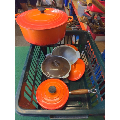 396 - Three orange La Crueset large pans and a Cousances French casserole pot