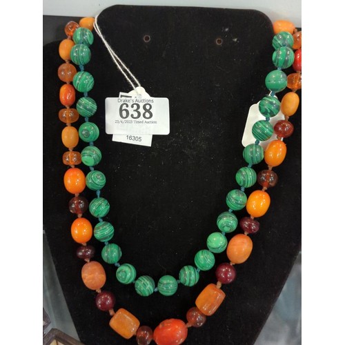 638 - Mixed amber bead necklace with some carved beads, circumference 510mm, together with a malachite bea... 