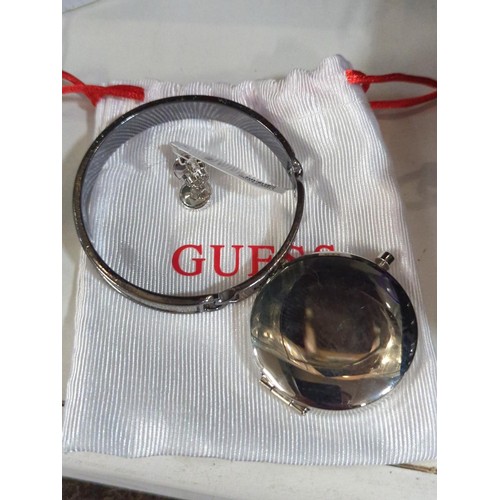 645 - Guess bangle, pair of ear studs & compact mirror