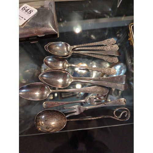 649 - Nine silver tea/coffee spoons and two small forks, various makers & dates, gross weight 142 gram... 