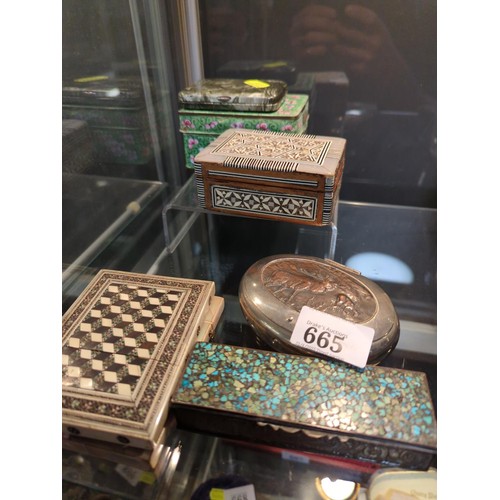 665 - Two card cases, including Indian inlaid and mother-of-pearl, together with four various ticket boxes... 