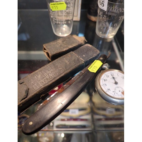 666 - Vintage cut throat razor with box, Tramway pocket watch (AF) and two medicine measures