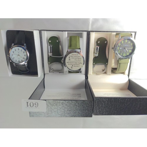 601 - Three boxed Tavistock & Jones watches, including two Military Alpine watch sets and a talking ra... 