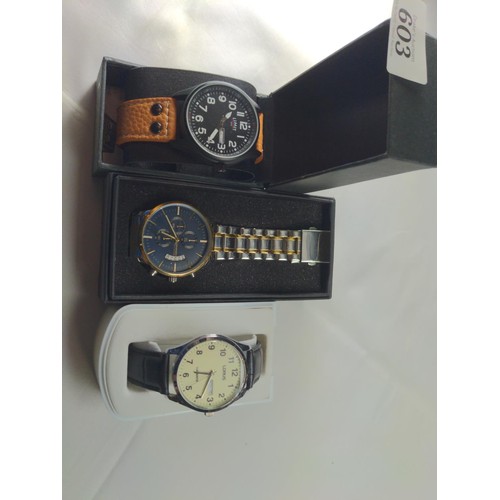 603 - Three boxed quartz watches, including Ronos chronograph, Limit pilot-style watch and Lorus Lumibrite