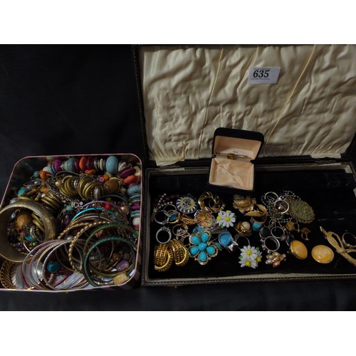 635 - Box and tin of jewellery, including some silver and costume jewellery