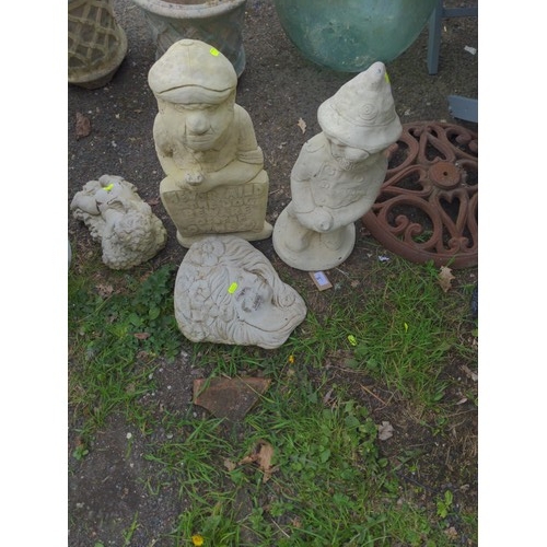 5 - 4 concrete garden ornaments: Fireman, Farmer, Wall pocket & cheeky cherub