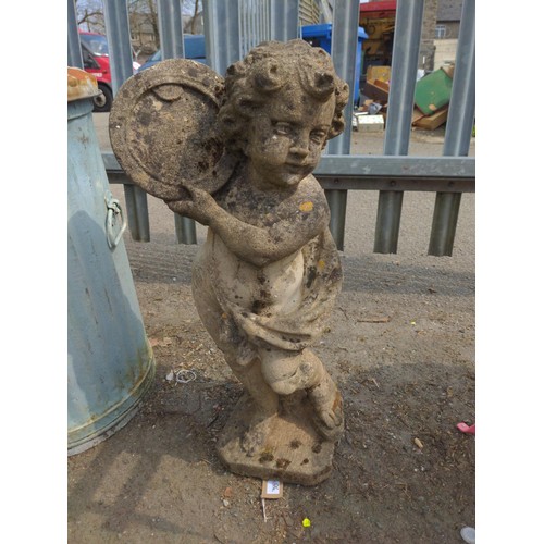 2 - Tambourine playing concrete putto figure. H74cm