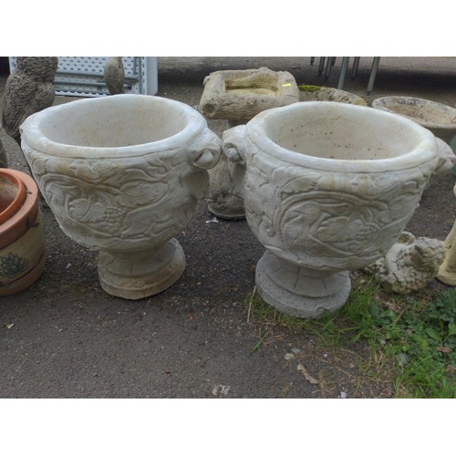 119 - 2 Stag Urns - circular planter featuring stags and tropical birds. H44cm D47cm