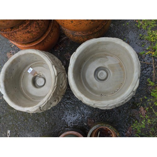 122 - 2 Dahlia Urns. Pair of large dahlia petal circular planters on hexagonal base. H37cm D38cm