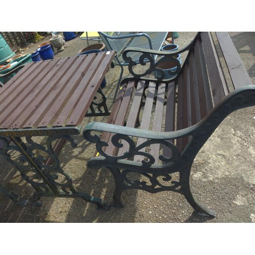 102 - Metal framed garden table & 2 wide seated chairs. Table W77cm