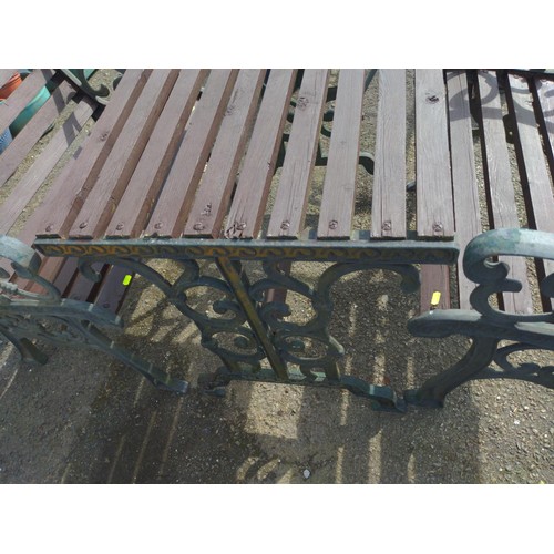 102 - Metal framed garden table & 2 wide seated chairs. Table W77cm