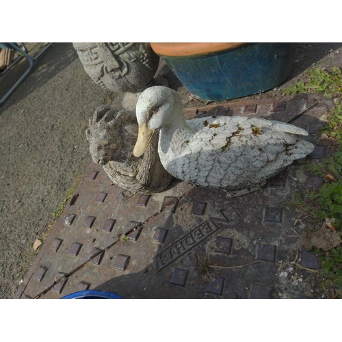 113 - Concrete hare & duck garden features. Duck height 26cm