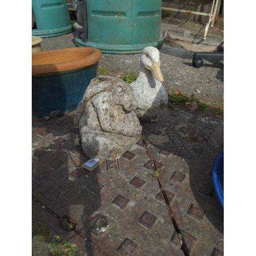 113 - Concrete hare & duck garden features. Duck height 26cm