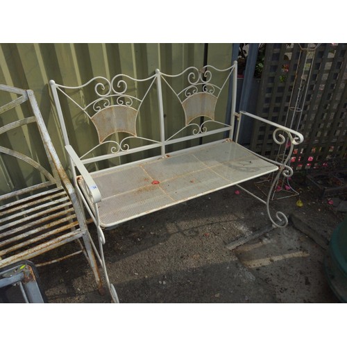 14 - Mesh seated and backed scroll detailed folding garden bench. W113cm. One back stretcher AF (rusted)