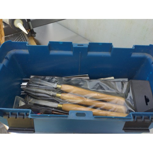 229 - GS mitre saw + plastic tool box and contents 