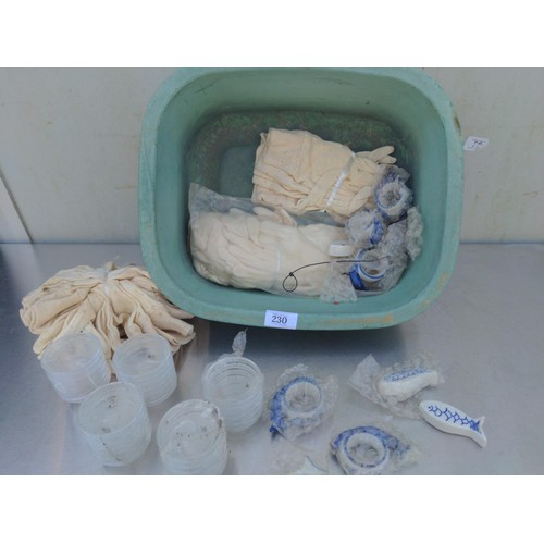 230 - Collection of white lint free gloves, small glass dishes + ceramic napkin rings