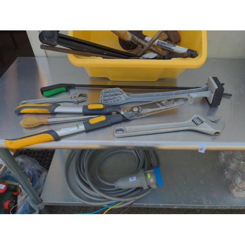 231 - Mixed tools inc. large wrench, garden sheers, carpet stretcher Etc.. 