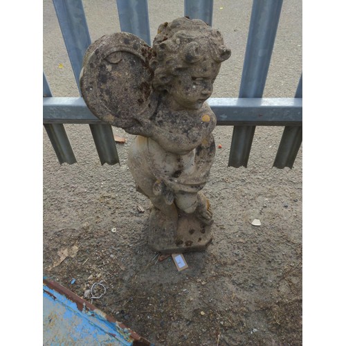 2 - Tambourine playing concrete putto figure. H74cm