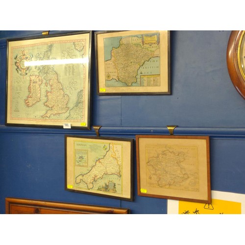 385 - 4 framed maps inc. Worcestershire (verso-Kitchen 1769) & hand coloured engravings. Devon & C... 