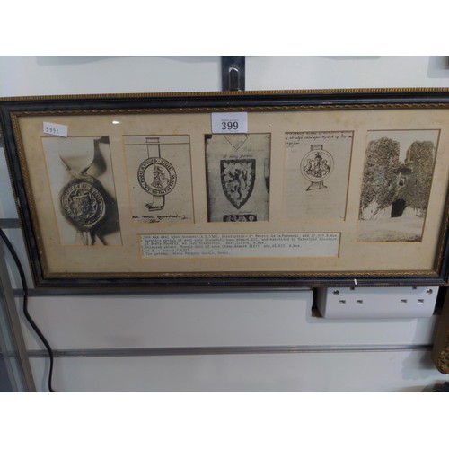 399 - Framed montage of seals, with descriptions on image 51 x 23cm together with an oil on canvas portrai... 