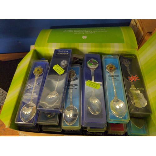 434 - Box of silver plated collectors tea spoons. 