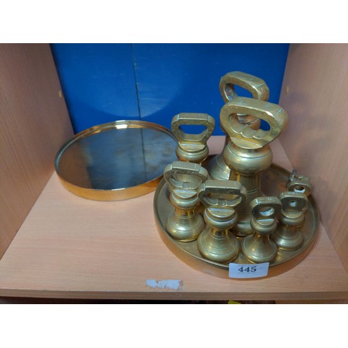 445 - Set of graduated brass weights (stamped ER to base) on brass tray Largest is a 4lb weight. With a sp... 