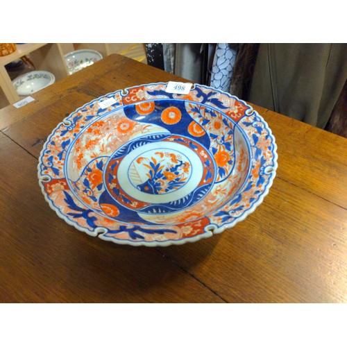 498 - Japanese imari pattern bowl with staple repair and characters to base, dia 29cm h7cm