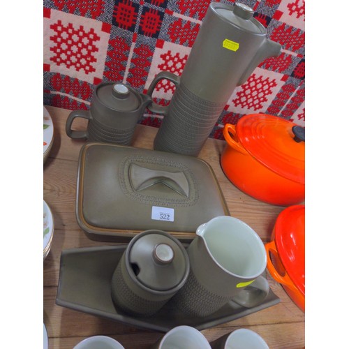 522 - Denby Chevron olive green coffee set (four cups) together with assorted serving dishes and dinnerwar... 